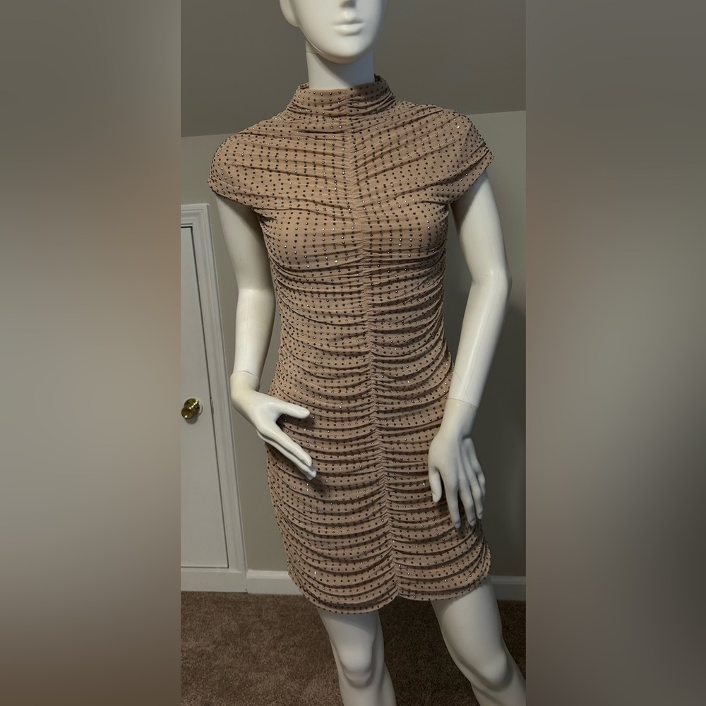 Zara XS Sexy Holiday Party Dress mob wife nude tan ruched bodycon dress